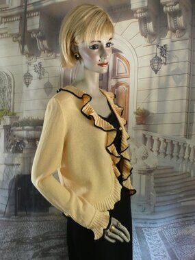 St. John Collection Suit Size 10 Yellow Blazer w/ Ruffles Black Trim Black Skirt
